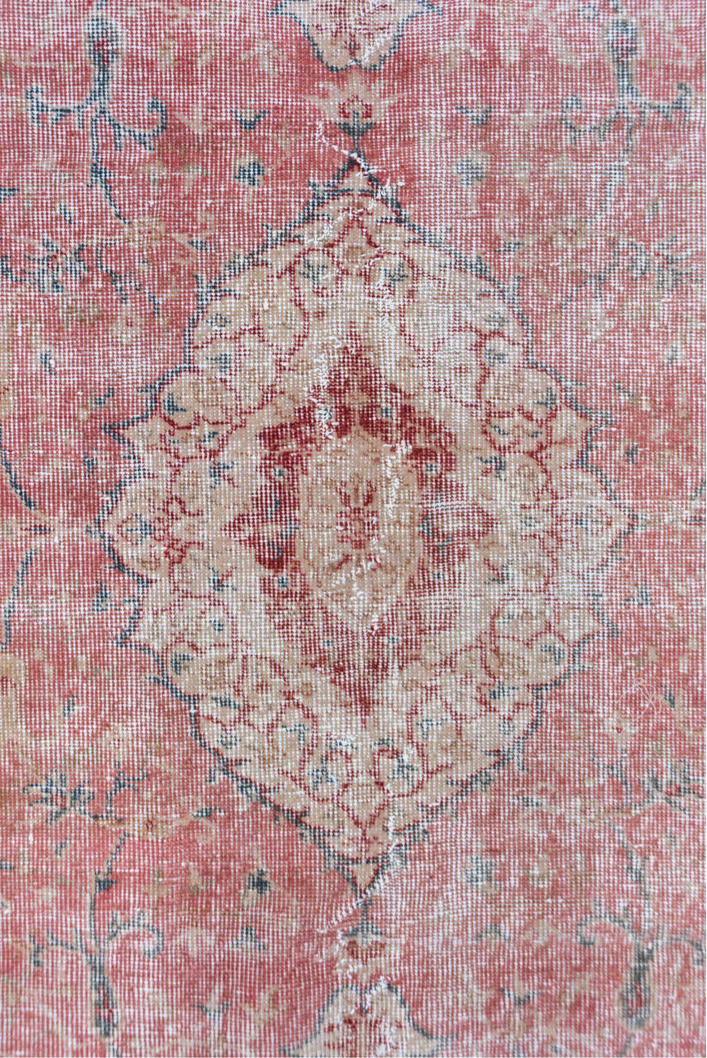 4' x 6' one-of-a-kind handmade vintage Oushak small size rug. Color palette: rose, ivory, dusty blue, blush, gold, taupe