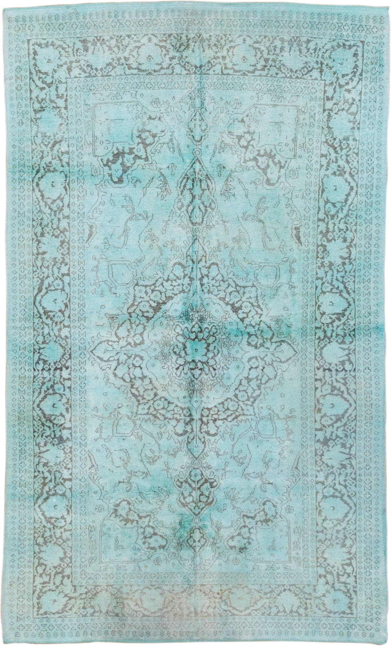 4' x 7' one-of-a-kind handmade vintage Overdyed rug. Color palette: aqua, ivory, silver, taupe, gray, teal, beige