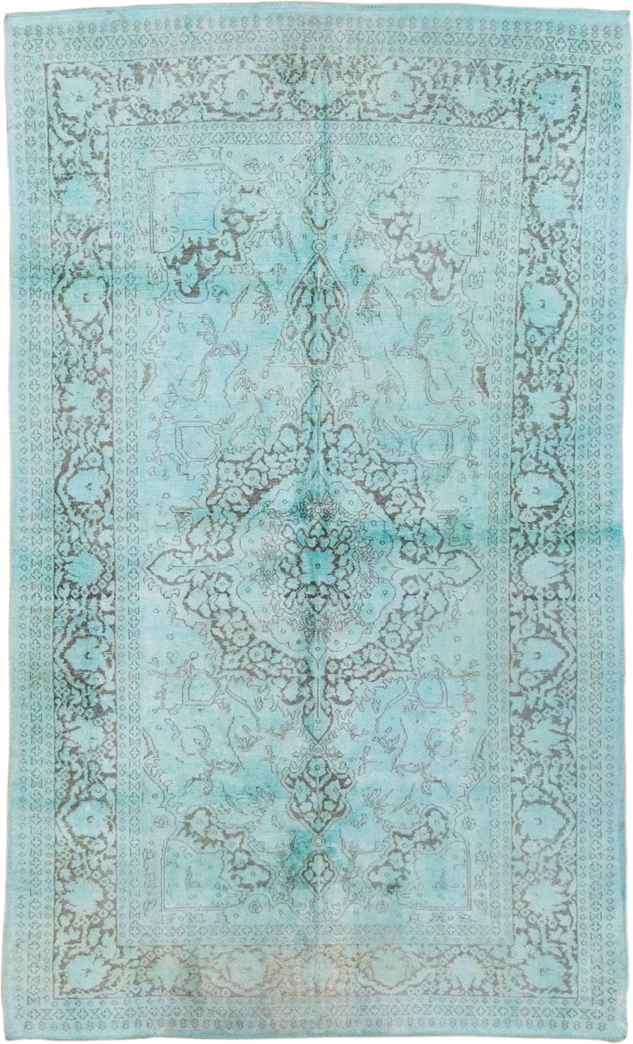 4' x 7' one-of-a-kind handmade vintage Overdyed rug. Color palette: aqua, ivory, silver, taupe, gray, teal, beige
