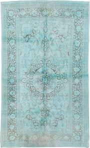 4' x 7' one-of-a-kind handmade vintage Overdyed rug. Color palette: aqua, ivory, silver, taupe, gray, teal, beige