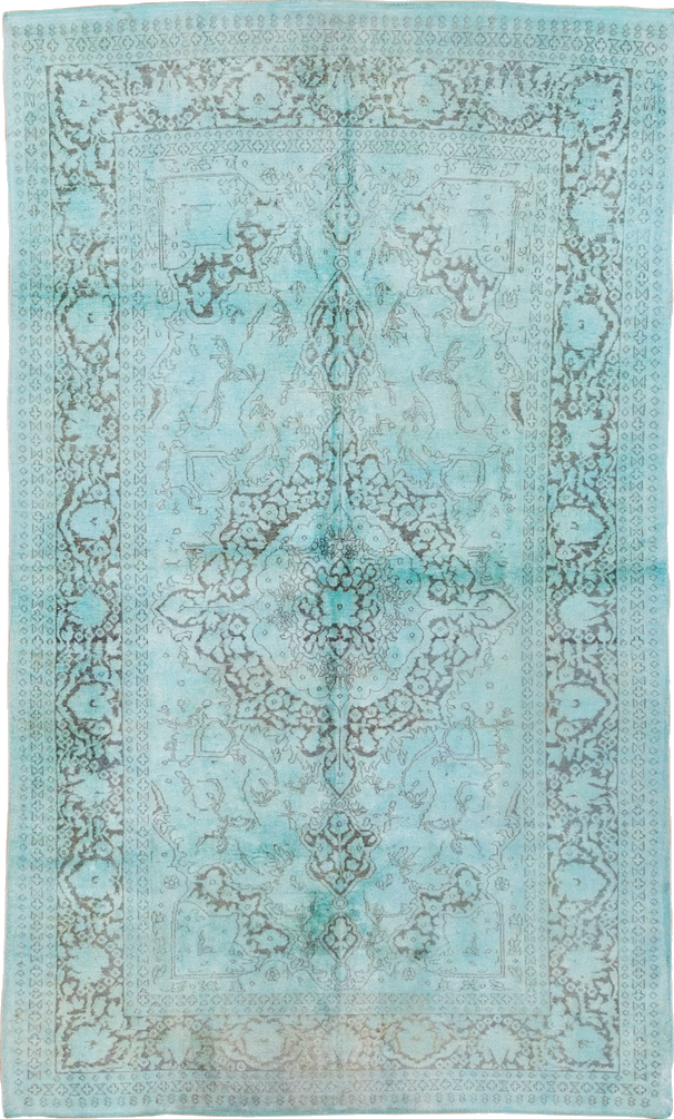 4' x 7' one-of-a-kind handmade vintage Overdyed rug. Color palette: blue, cadet blue, gray, green, light blue, light gray