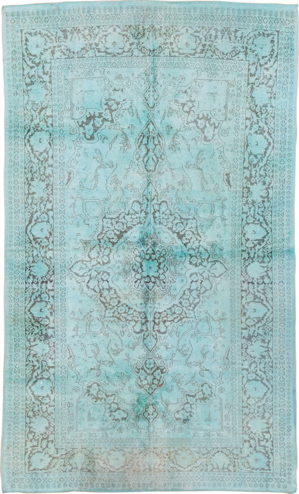 4' x 7' one-of-a-kind handmade vintage Overdyed rug. Color palette: blue, cadet blue, gray, green, light blue, light gray