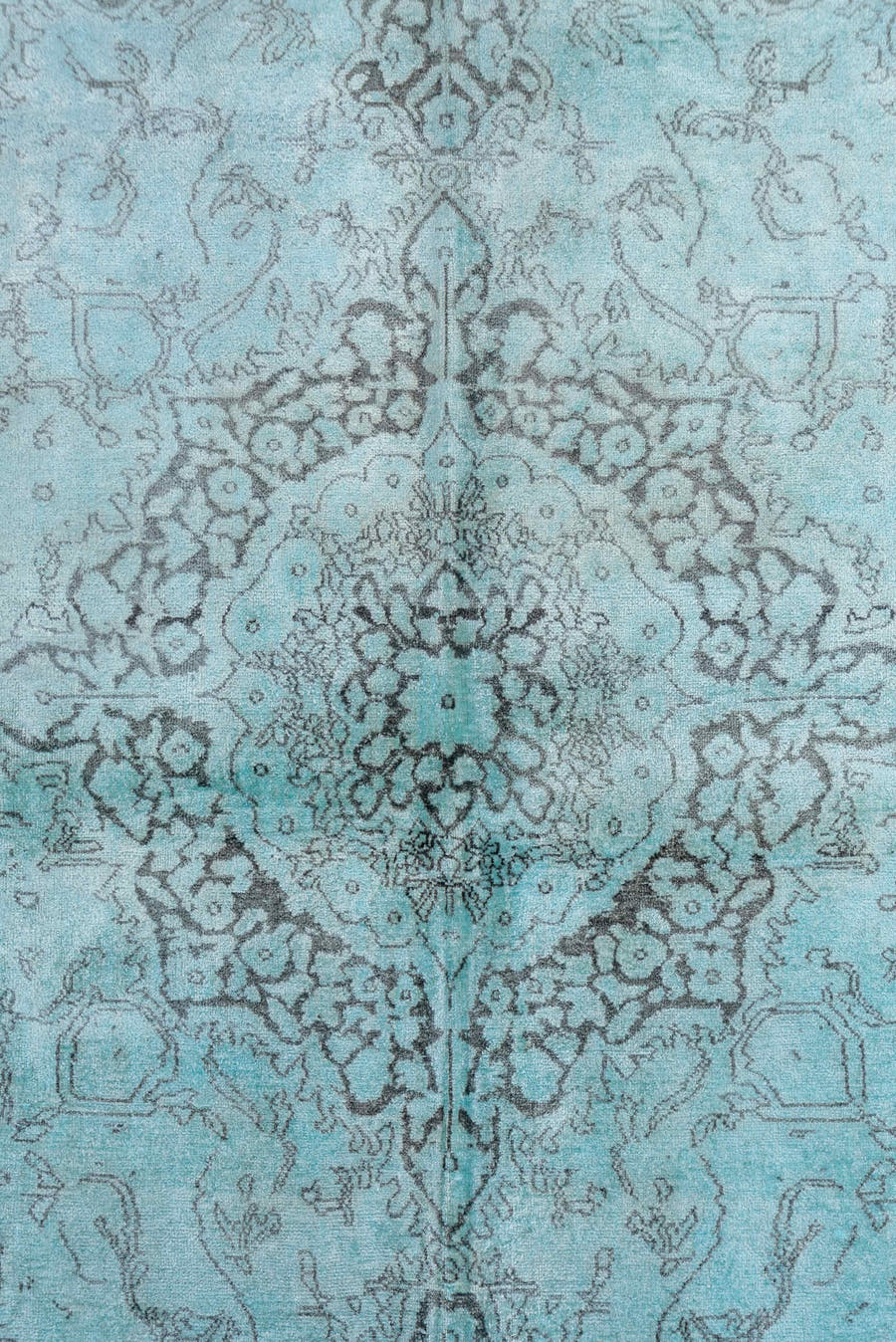 4' x 7' one-of-a-kind handmade vintage Overdyed rug. Color palette: aqua, ivory, silver, taupe, gray, teal, beige