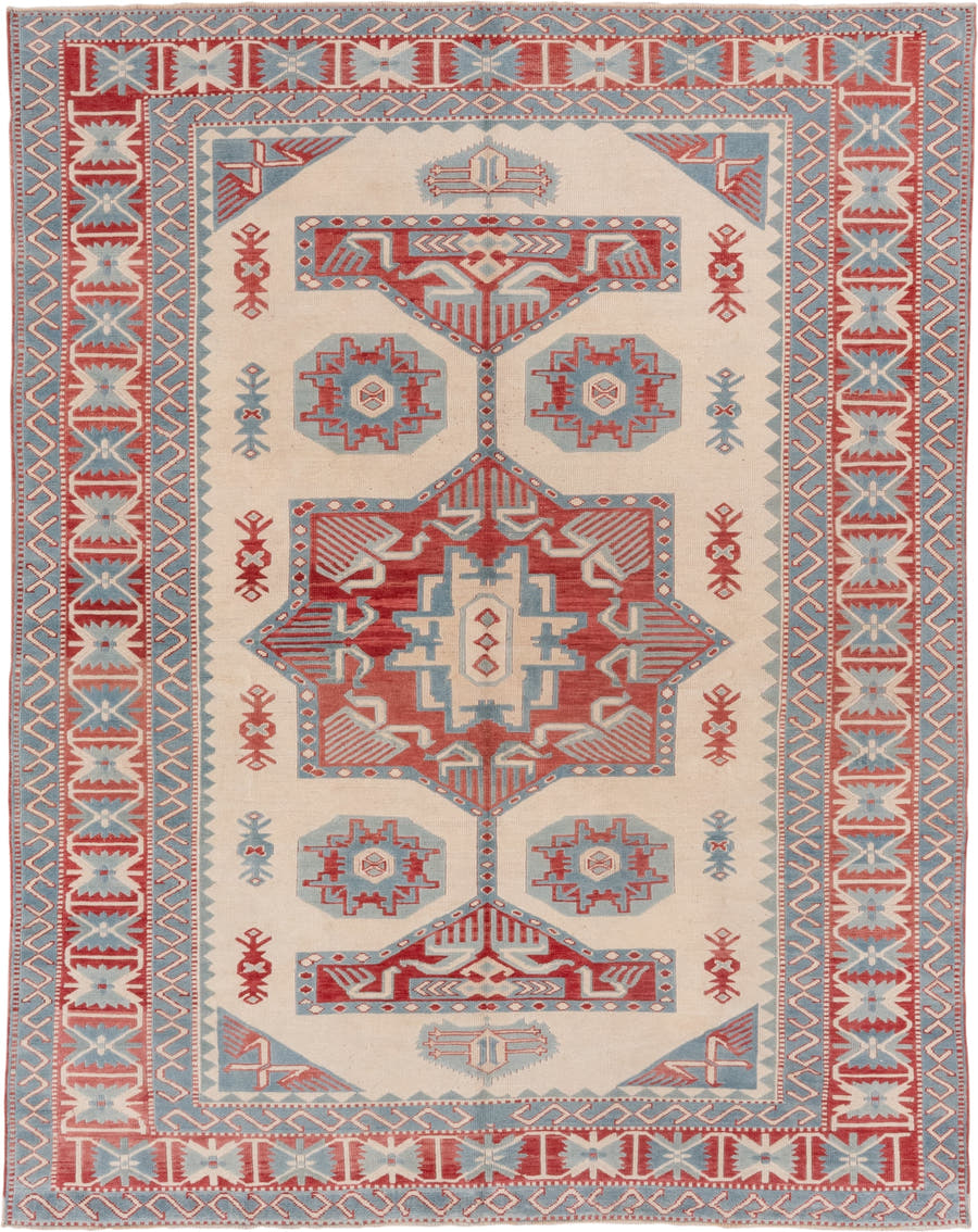 7' x 9' one-of-a-kind handmade vintage Oushak rug. Color palette: ivory, sky blue, rust, brick red, cream, light blue