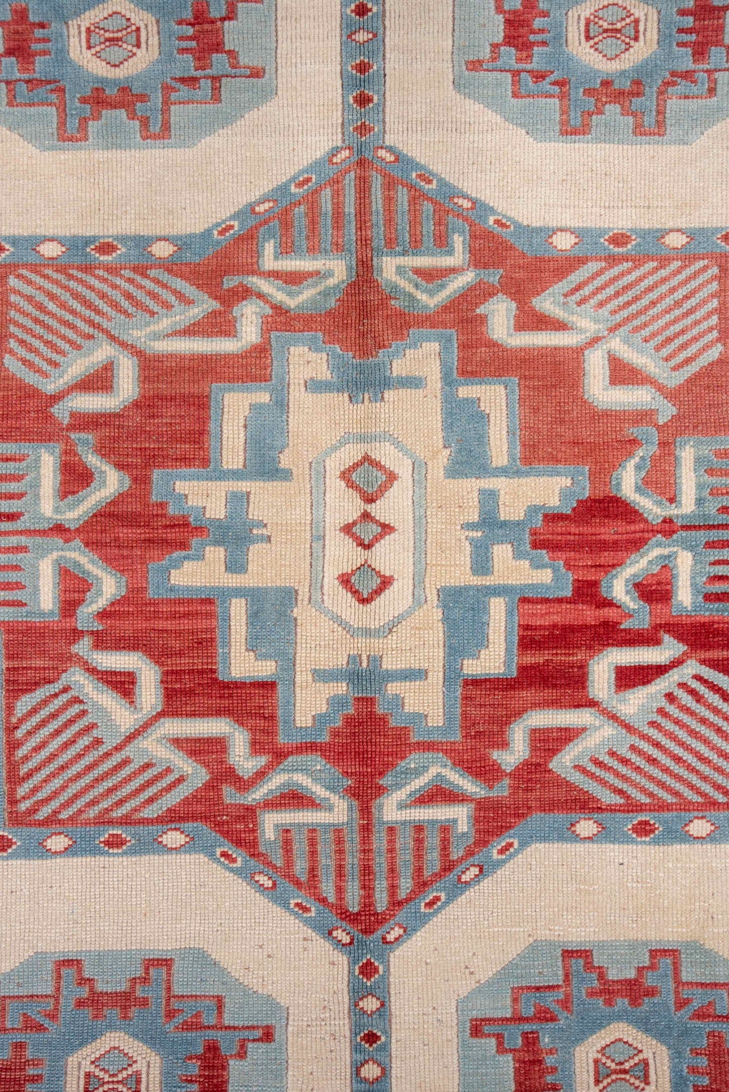 7' x 9' one-of-a-kind handmade vintage Oushak rug. Color palette: ivory, sky blue, rust, brick red, cream, light blue