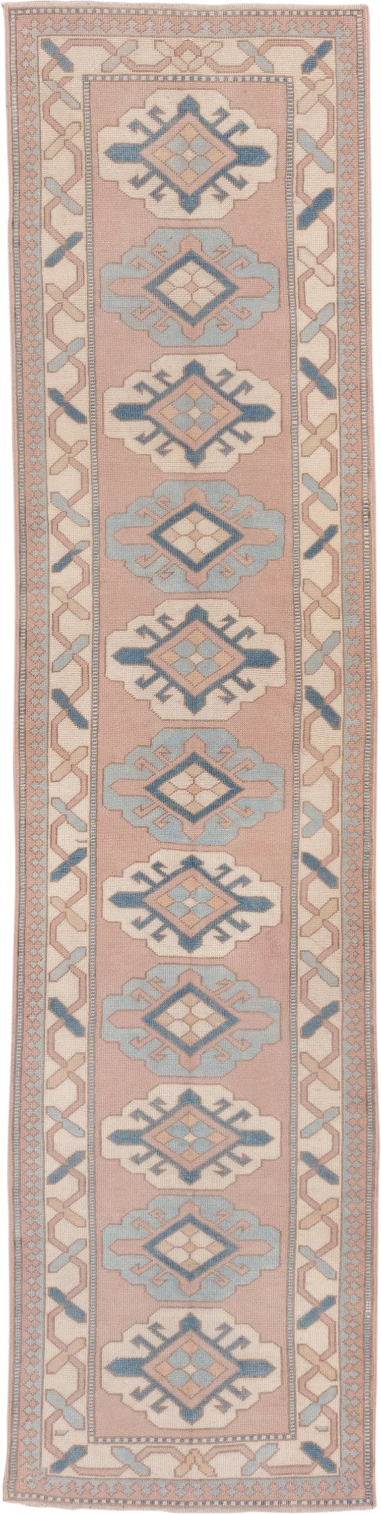 2' x 12' one-of-a-kind handmade vintage Oushak runner rug. Color palette: blush, ivory, powder_blue, denim, taupe, pink