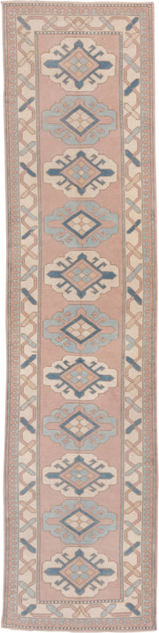 2' x 12' one-of-a-kind handmade vintage Oushak runner rug. Color palette: blush, ivory, powder_blue, denim, taupe, pink