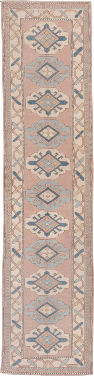 2' x 12' one-of-a-kind handmade vintage Oushak runner rug. Color palette: blush, ivory, powder_blue, denim, taupe, pink