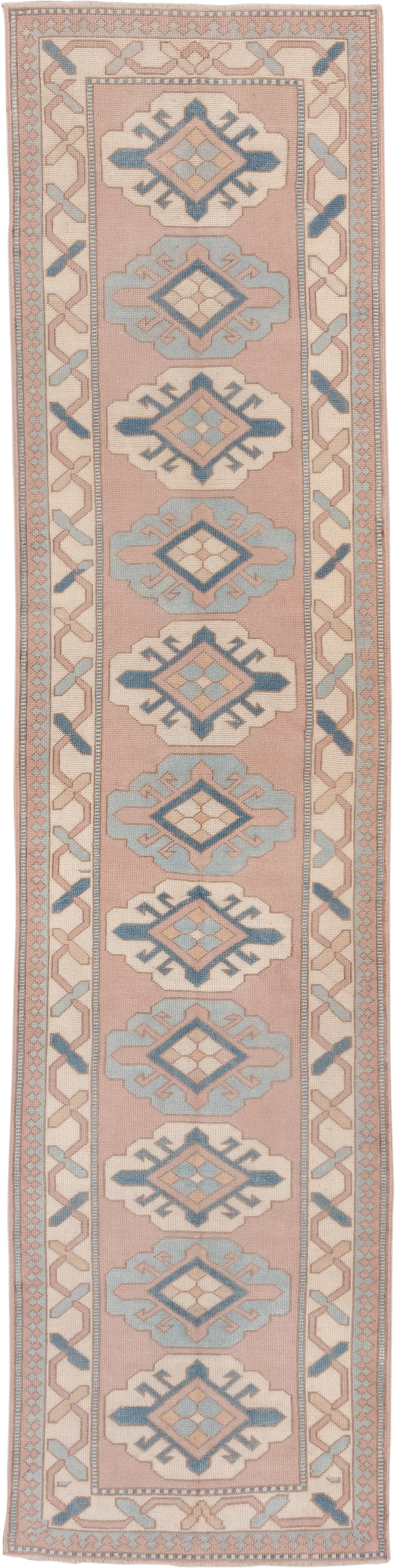 2' x 12' one-of-a-kind handmade vintage Oushak runner rug. Color palette: blush, ivory, powder_blue, denim, taupe, pink