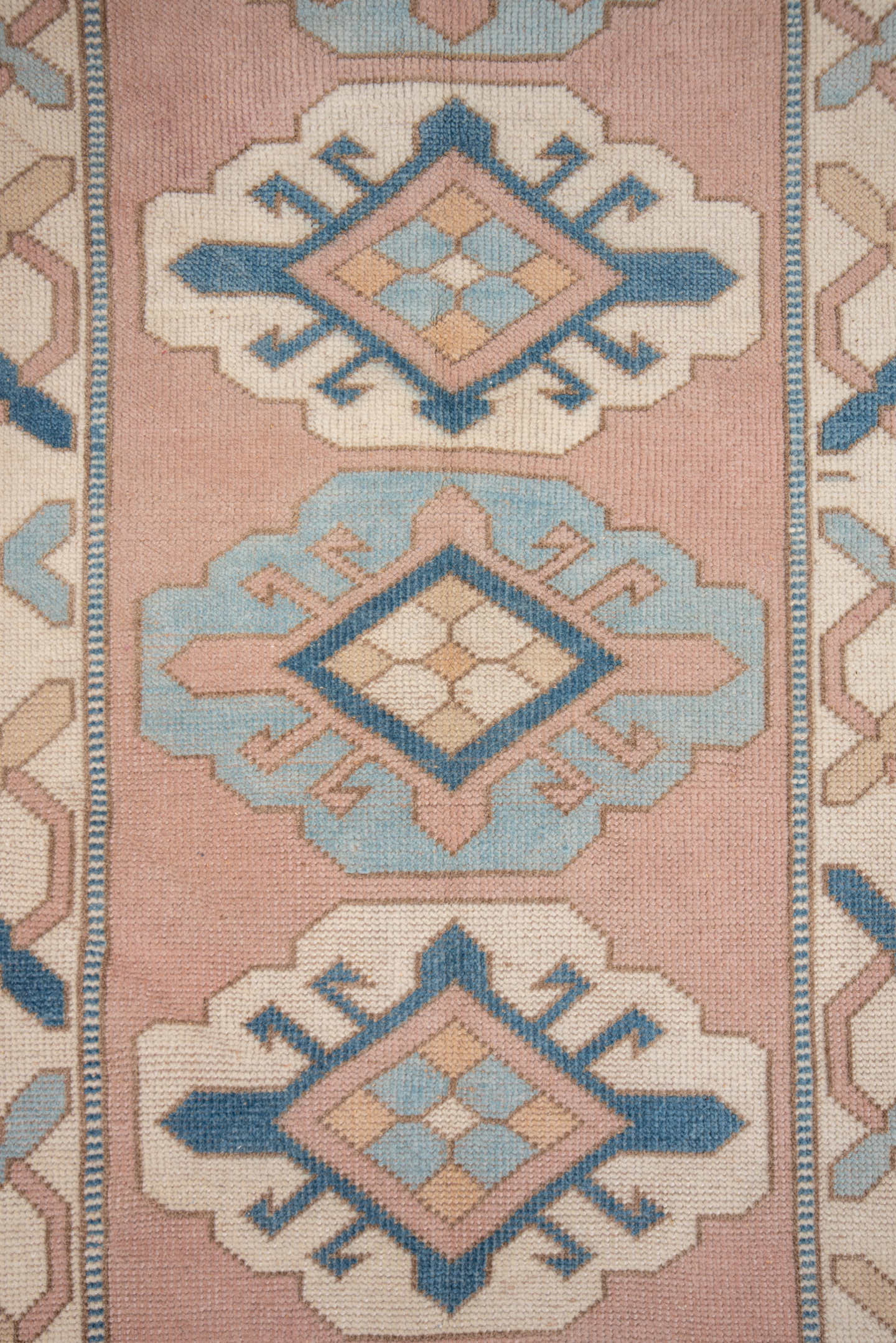 2' x 12' one-of-a-kind handmade vintage Oushak runner rug. Color palette: blush, ivory, powder_blue, denim, taupe, pink