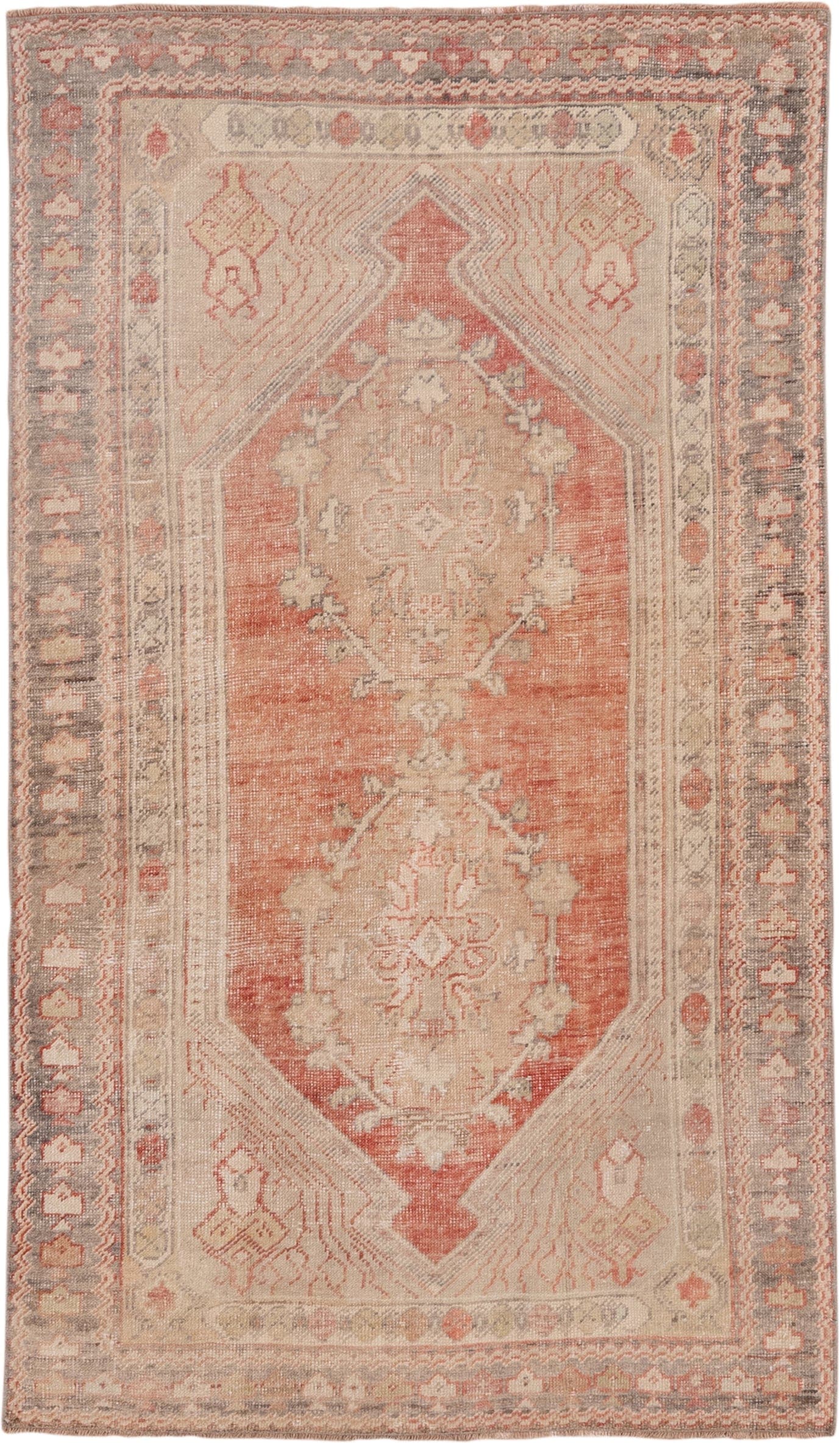 4' x 7' one-of-a-kind handmade vintage Oushak rug. Color palette: coral, ivory, gray, taupe, rose, slate, terracotta, beige