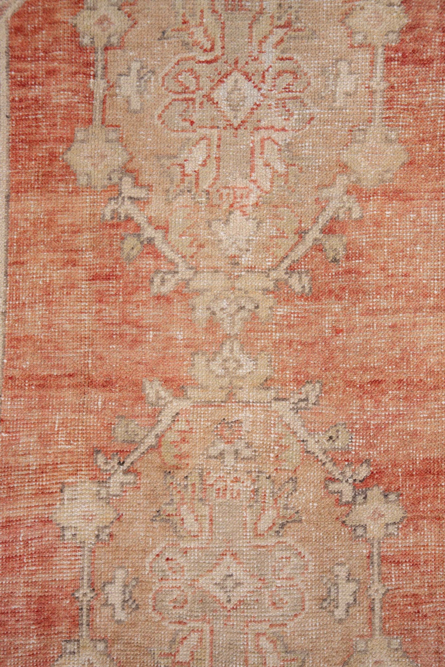 4' x 7' one-of-a-kind handmade vintage Oushak rug. Color palette: coral, ivory, gray, taupe, rose, slate, terracotta, beige