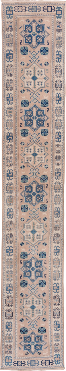 2' x 15' one-of-a-kind handmade vintage Oushak runner rug. Color palette: blue, brown, fiord, gray, light gray, off-white