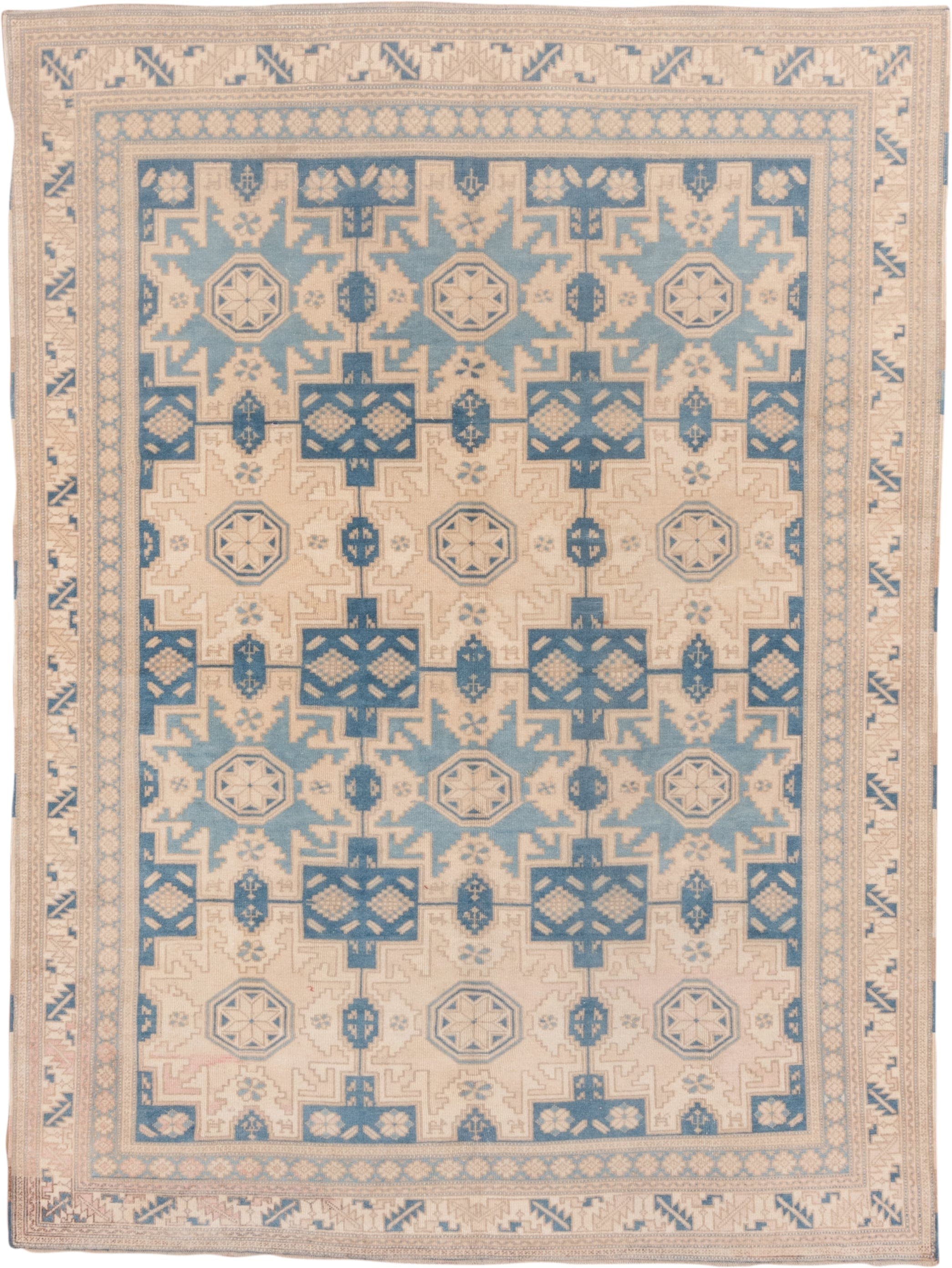 6' x 8' one-of-a-kind handmade vintage Oushak medium size rug. Color palette: ivory, pale blue, beige, taupe, camel