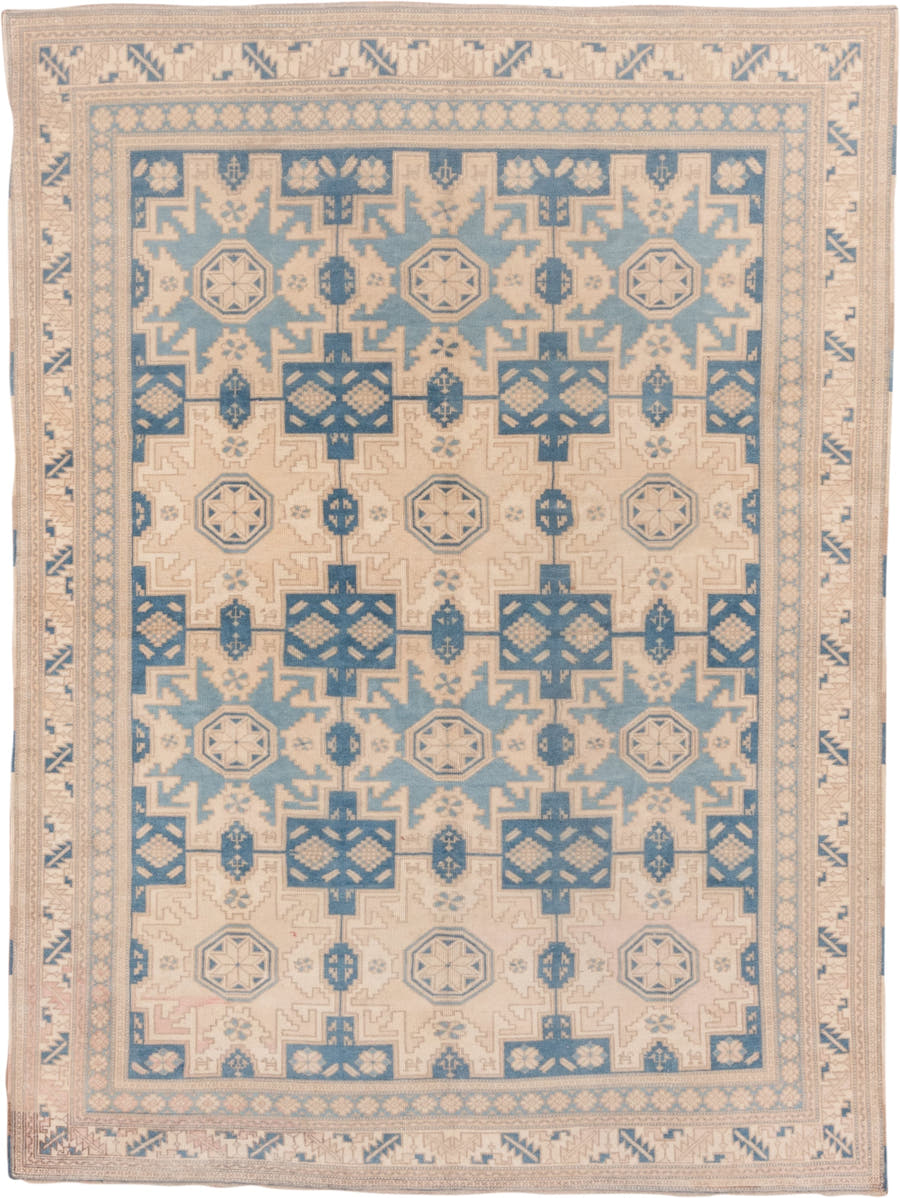 6' x 8' one-of-a-kind handmade vintage Oushak medium size rug. Color palette: ivory, pale blue, beige, taupe, camel