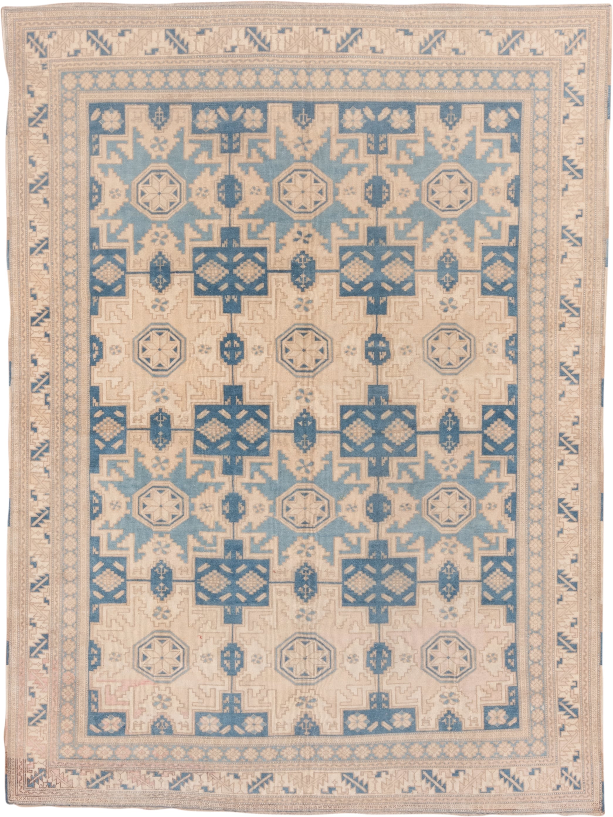6' x 8' one-of-a-kind handmade vintage Oushak medium size rug. Color palette: ivory, pale blue, beige, taupe, camel