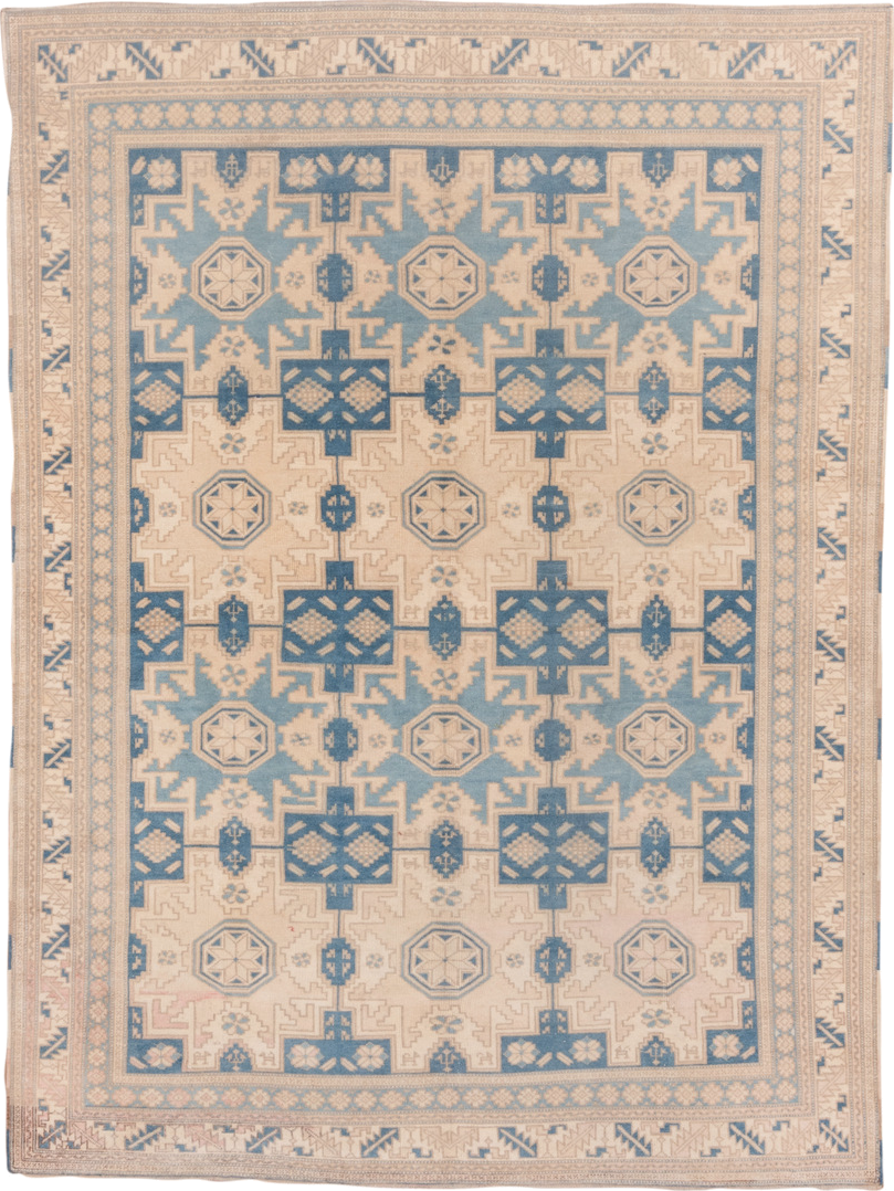 6' x 8' one-of-a-kind handmade vintage Oushak medium size rug. Color palette: ivory, pale blue, beige, taupe, camel