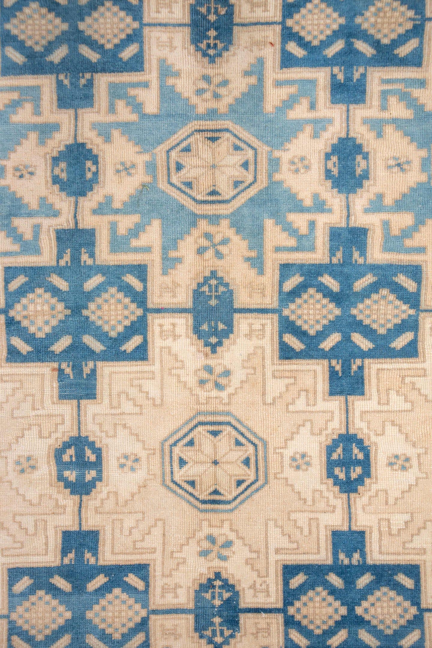 6' x 8' one-of-a-kind handmade vintage Oushak medium size rug. Color palette: ivory, pale blue, beige, taupe, camel