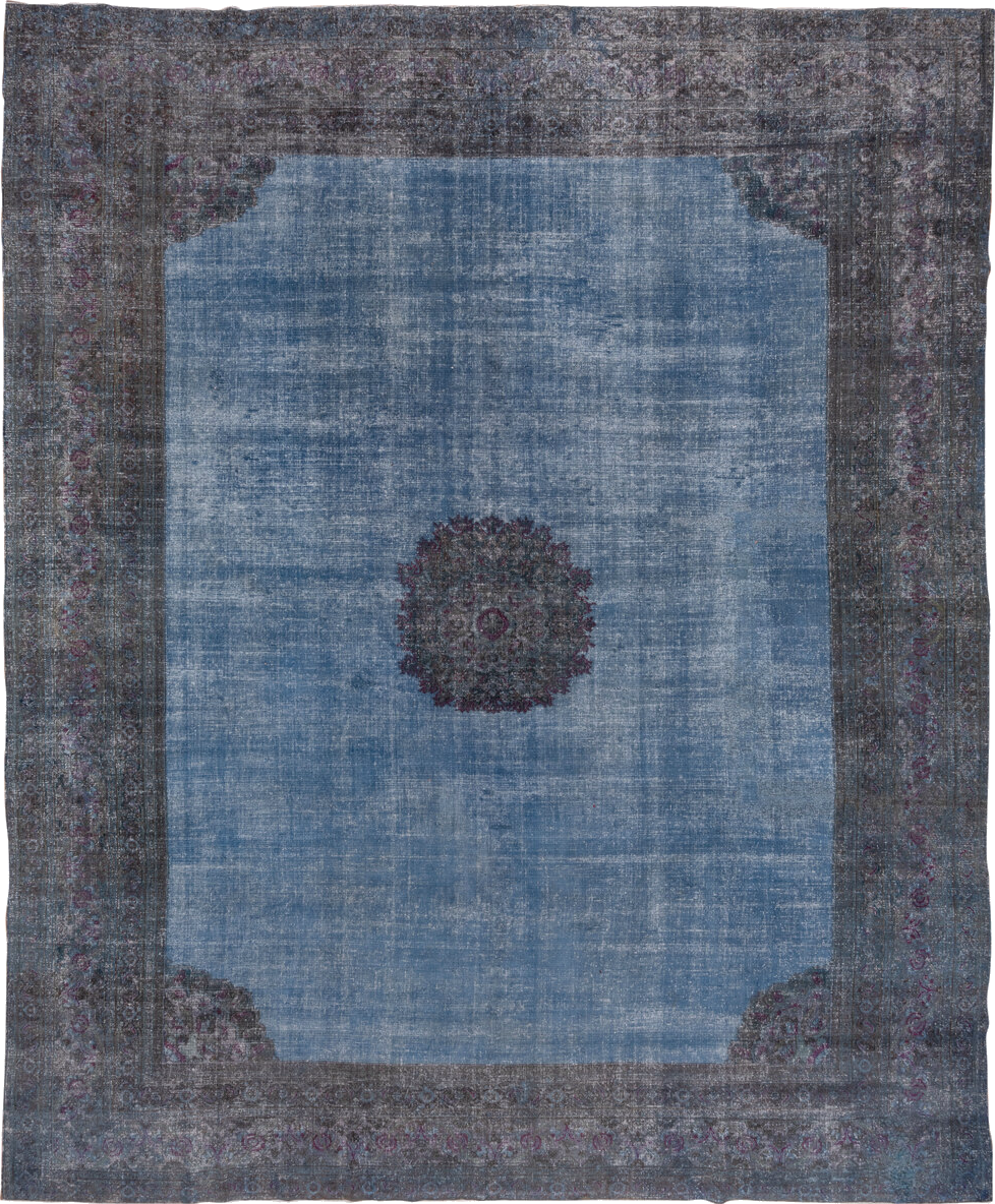 13' x 15' one-of-a-kind handmade vintage Overdyed oversize rug. Color palette: black, blue, charcoal, dark gray, fiord, gray