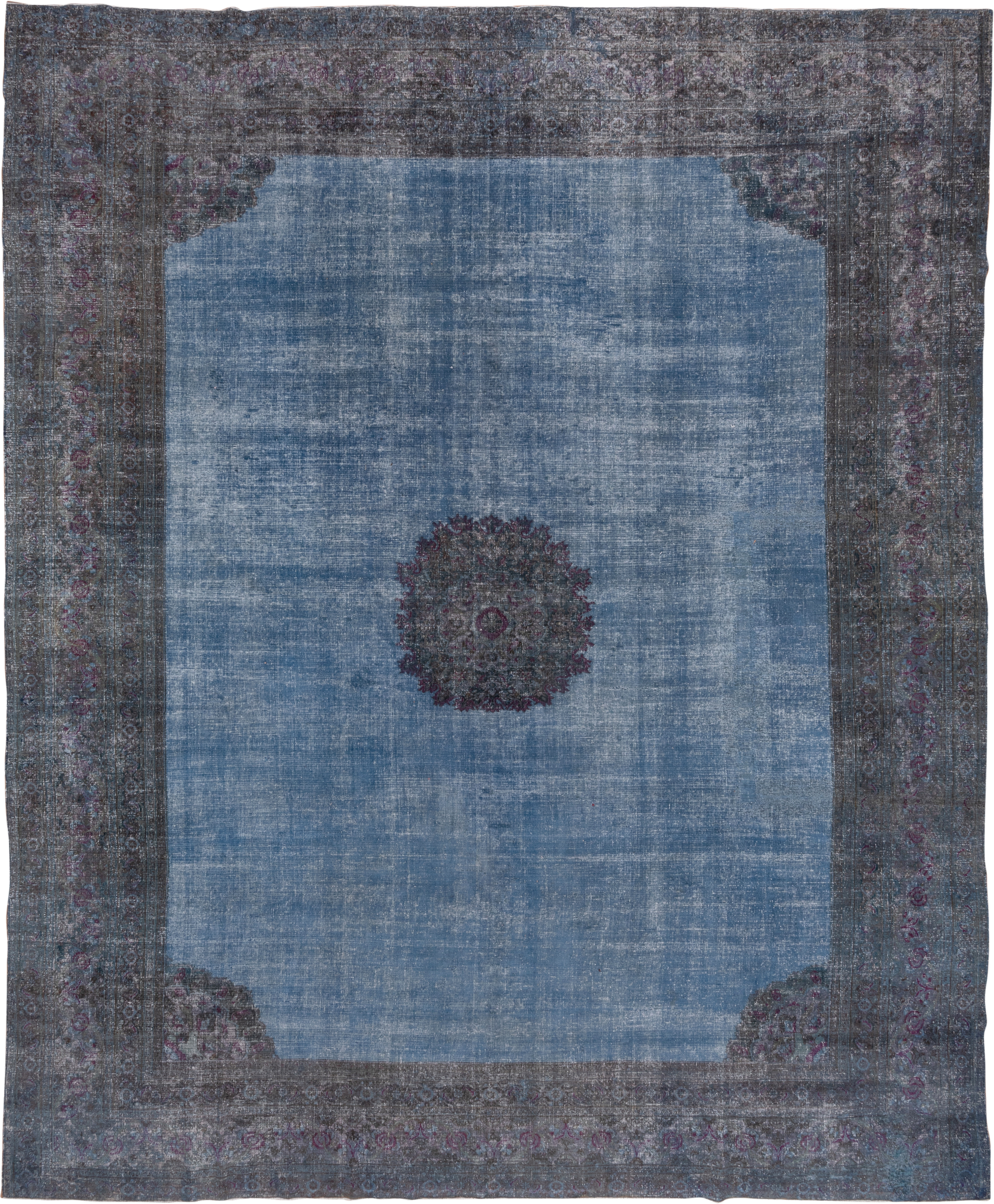 13' x 15' one-of-a-kind handmade vintage Overdyed oversize rug. Color palette: blue, charcoal, slate, lavender, plum, gray