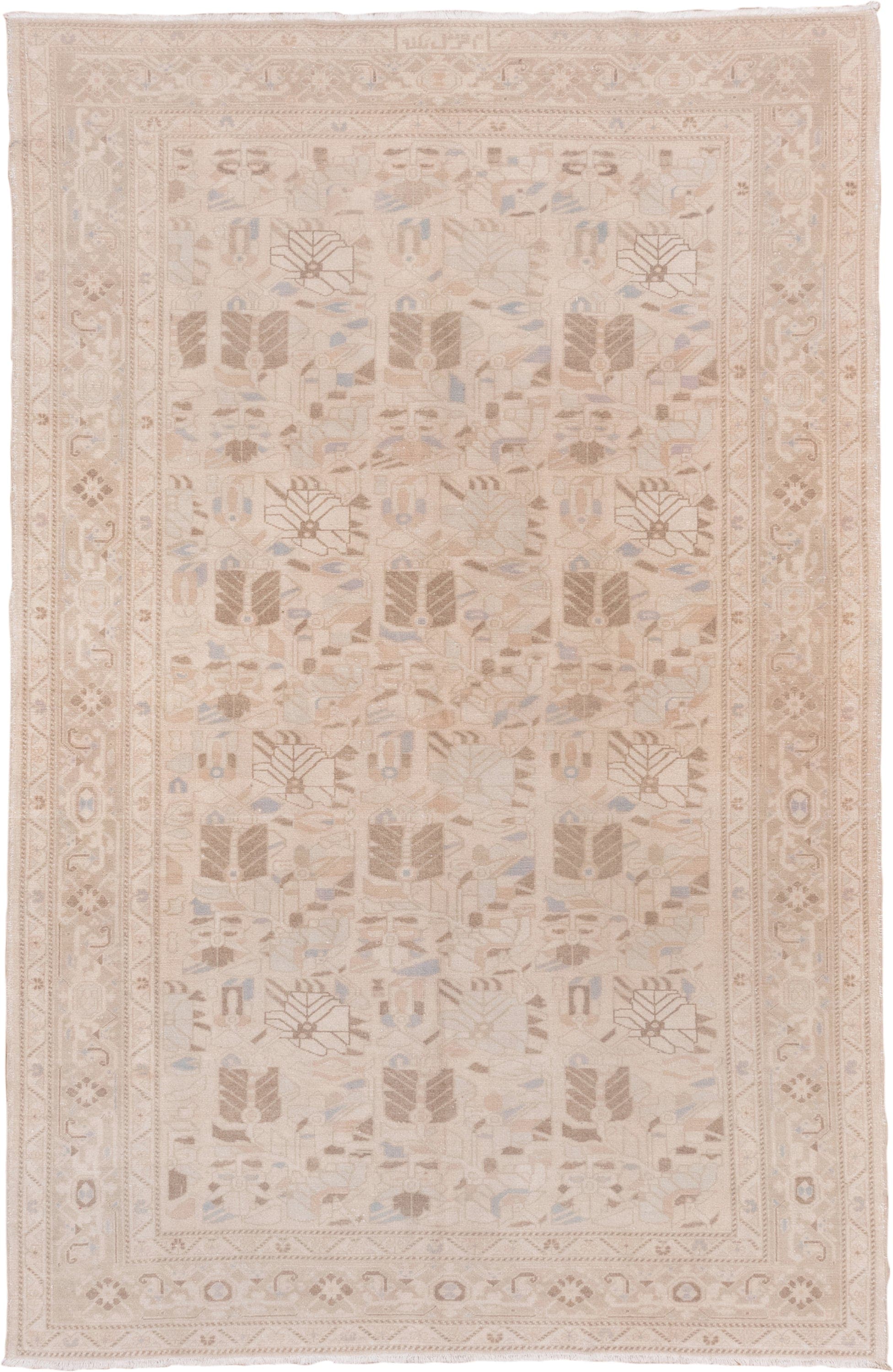 6' x 9' one-of-a-kind handmade vintage Oushak medium size rug. Color palette: ivory, blush, taupe, pale_blue, beige, sand