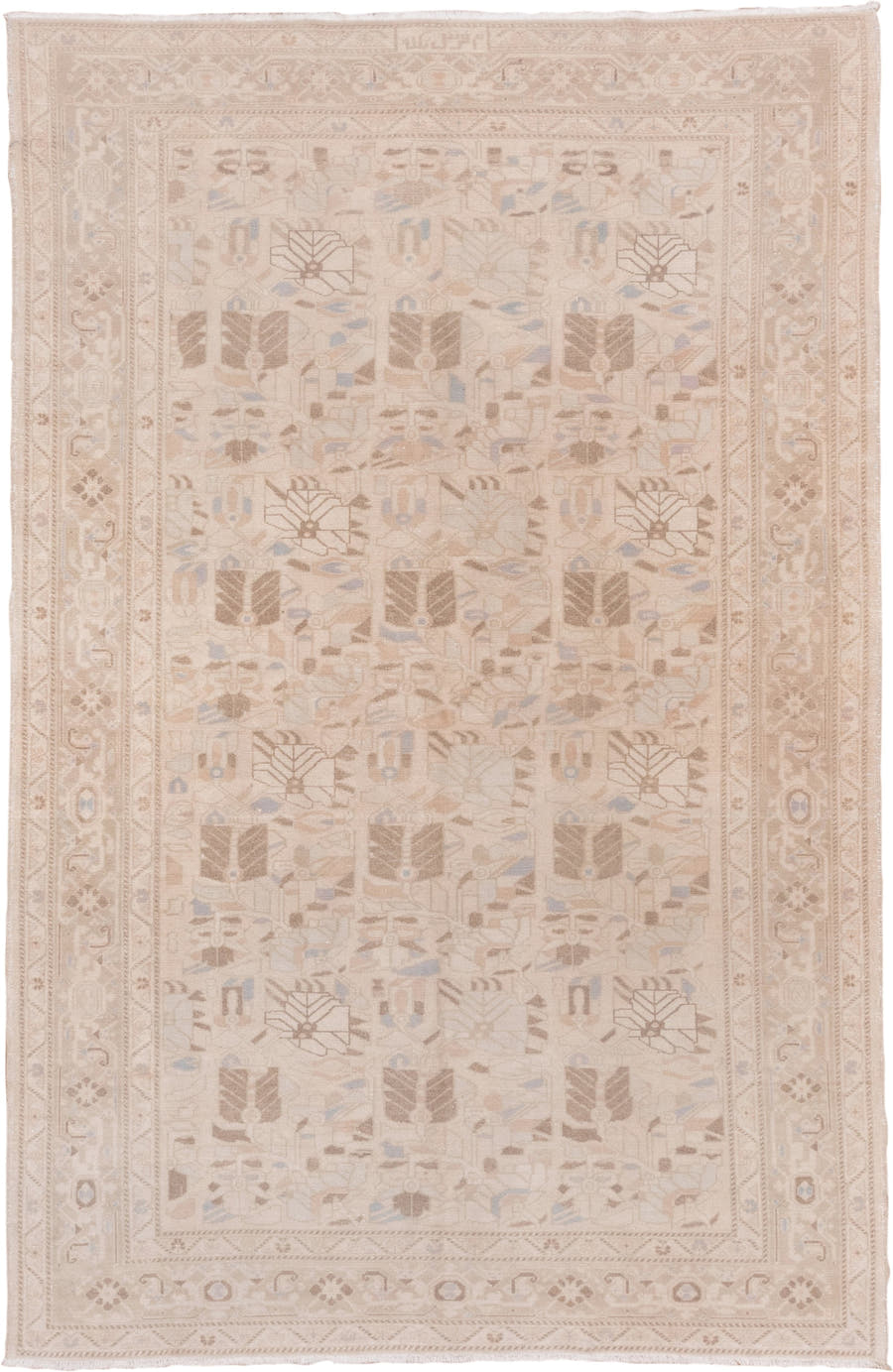 6' x 9' one-of-a-kind handmade vintage Oushak medium size rug. Color palette: ivory, blush, taupe, pale_blue, beige, sand
