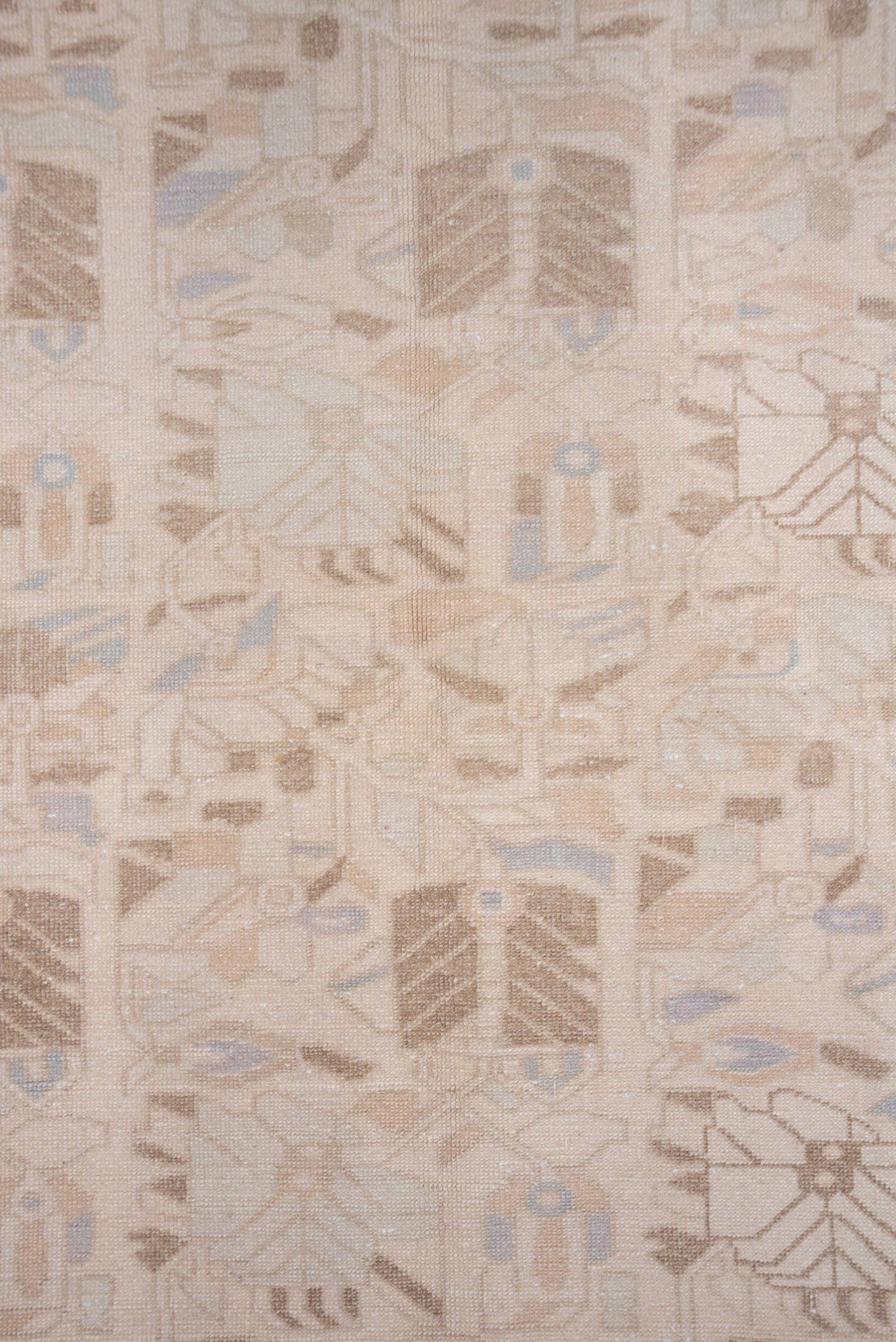 6' x 9' one-of-a-kind handmade vintage Oushak medium size rug. Color palette: ivory, blush, taupe, pale_blue, beige, sand