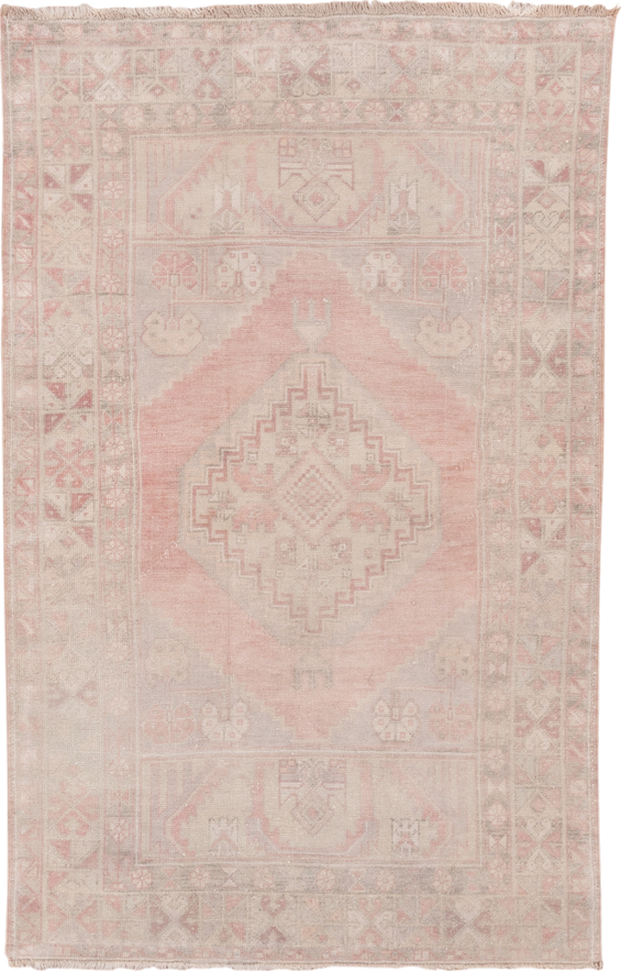 3' x 5' one-of-a-kind handmade vintage Oushak small size rug. Color palette: blush, ivory, taupe, pale rose, beige, sand