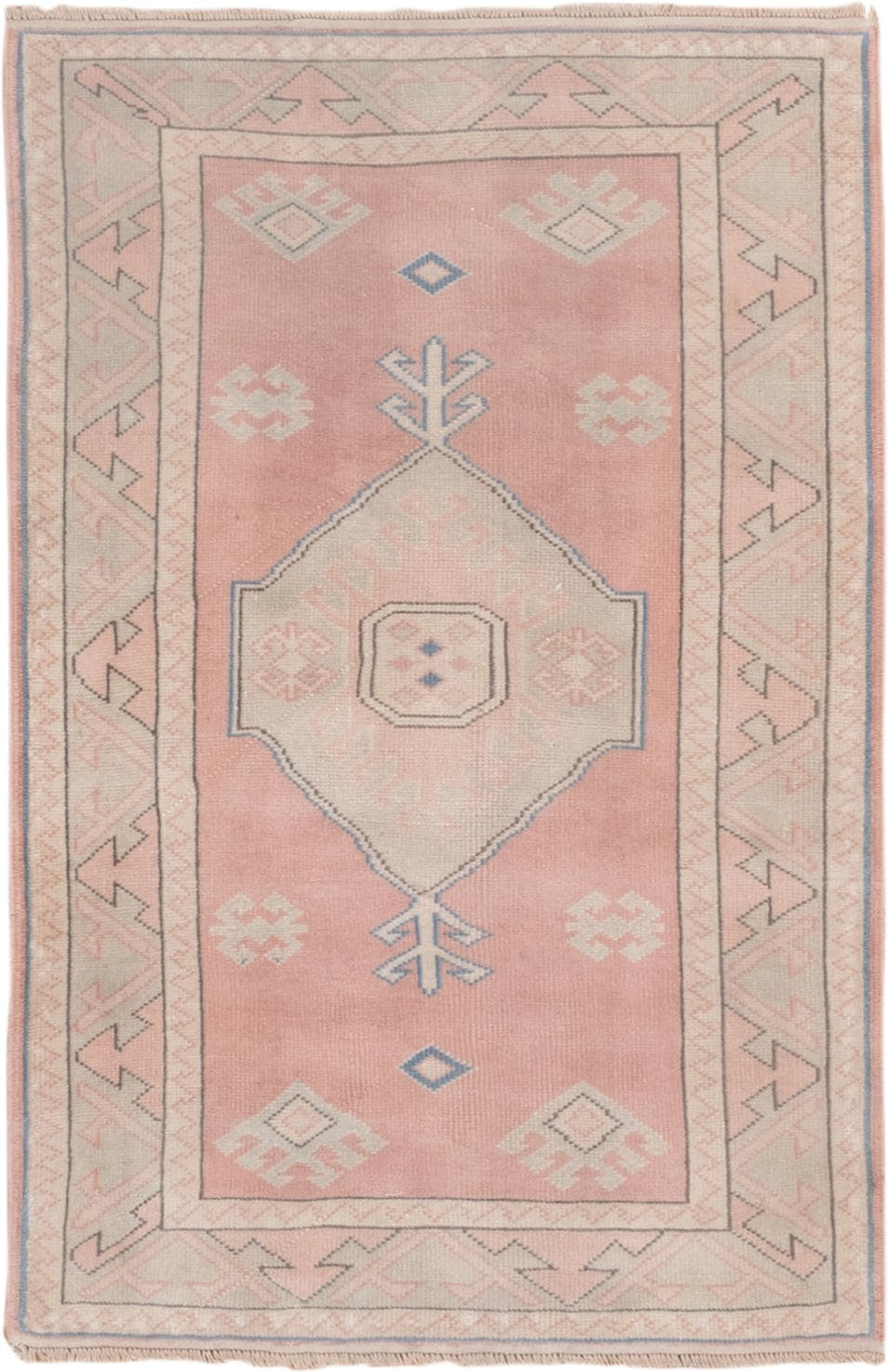 3' x 4' one-of-a-kind handmade vintage Oushak small size rug. Color palette: blush, ivory, pale blue, cream, taupe, pink