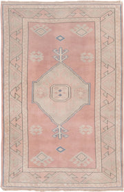 3' x 4' one-of-a-kind handmade vintage Oushak small size rug. Color palette: blush, ivory, pale blue, cream, taupe, pink