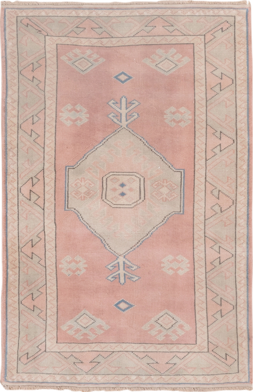 3' x 4' one-of-a-kind handmade vintage Oushak small size rug. Color palette: blush, ivory, pale blue, cream, taupe, pink
