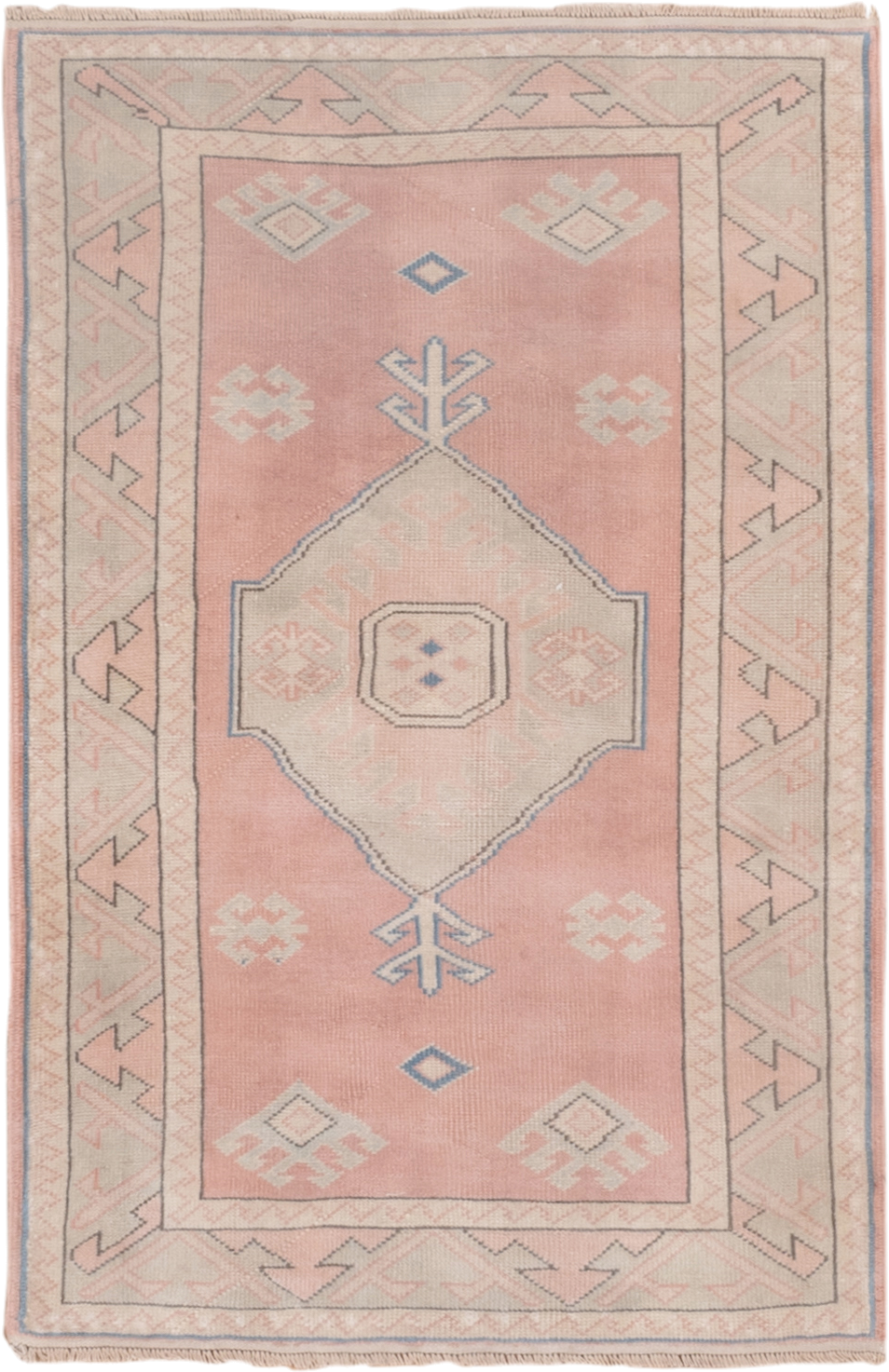 3' x 4' one-of-a-kind handmade vintage Oushak small size rug. Color palette: blush, ivory, pale blue, cream, taupe, pink
