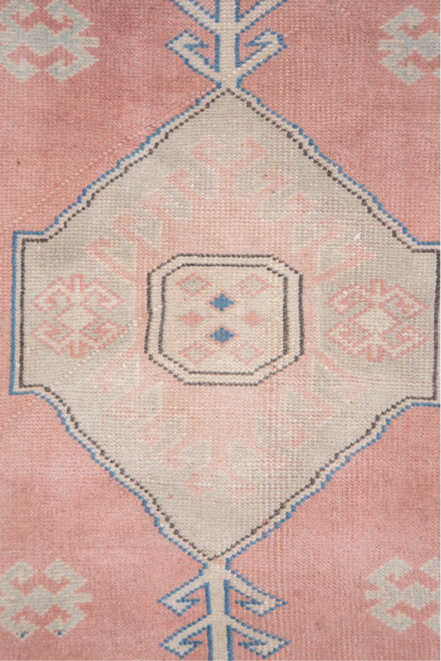 3' x 4' one-of-a-kind handmade vintage Oushak small size rug. Color palette: blush, ivory, pale blue, cream, taupe, pink