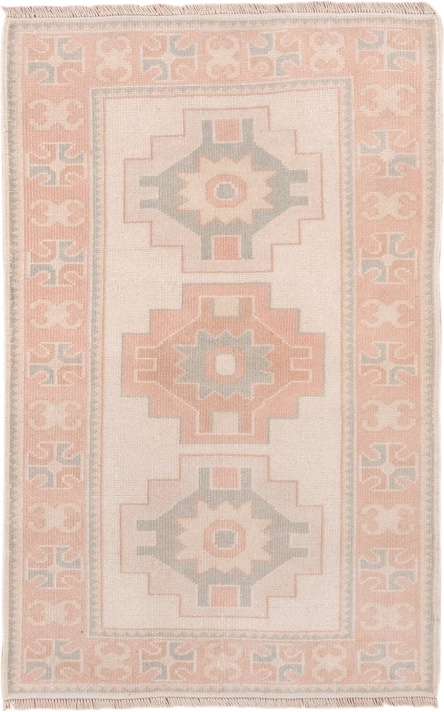 2' x 4' one-of-a-kind handmade vintage Oushak small size rug. Color palette: ivory, blush, peach, sage, taupe, pink