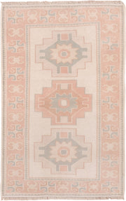 2' x 4' one-of-a-kind handmade vintage Oushak small size rug. Color palette: ivory, blush, peach, sage, taupe, pink