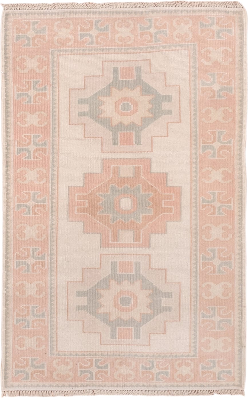 2' x 4' one-of-a-kind handmade vintage Oushak small size rug. Color palette: ivory, blush, peach, sage, taupe, pink