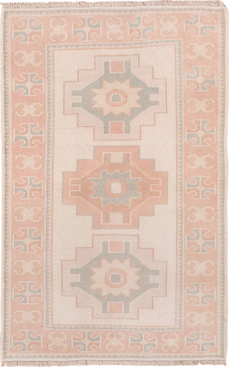 2' x 4' one-of-a-kind handmade vintage Oushak small size rug. Color palette: ivory, blush, peach, sage, taupe, pink