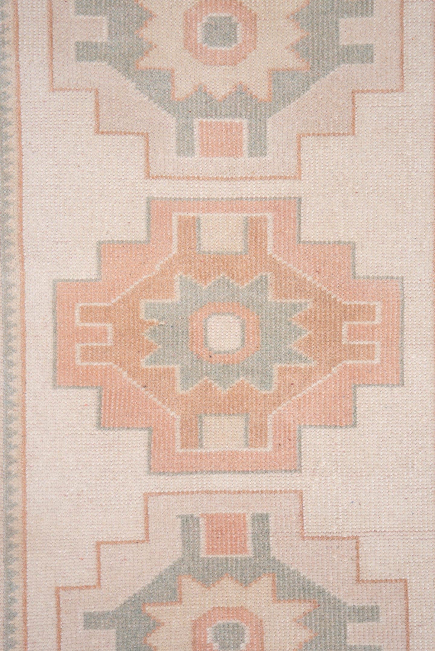 2' x 4' one-of-a-kind handmade vintage Oushak small size rug. Color palette: ivory, blush, peach, sage, taupe, pink