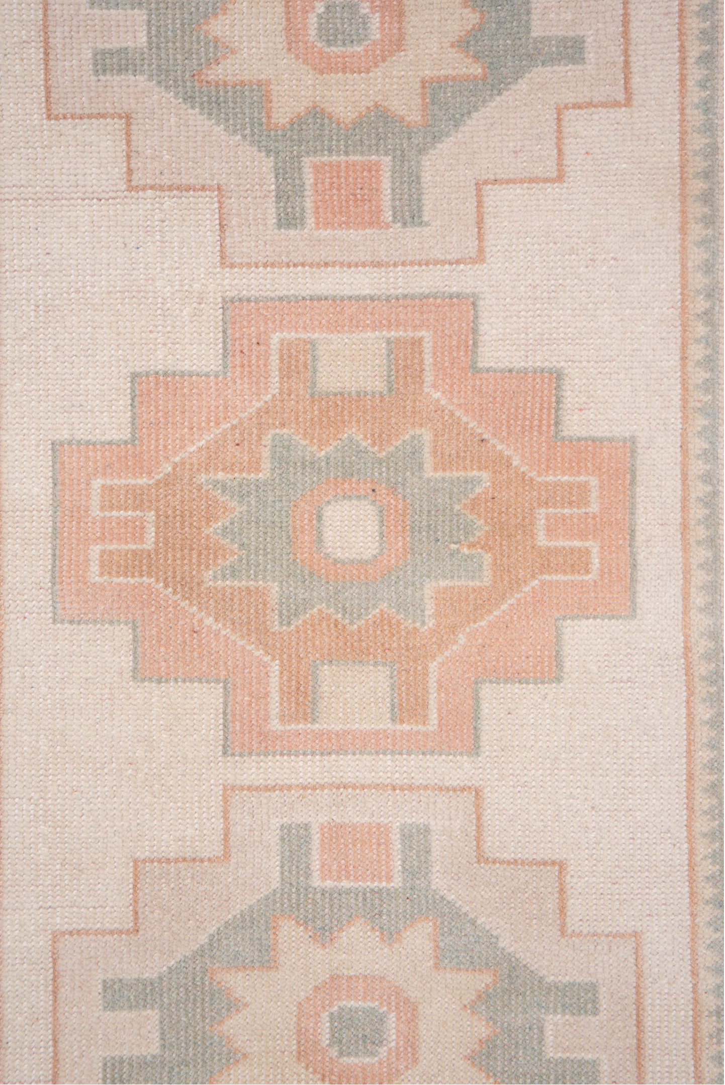 2' x 4' one-of-a-kind handmade vintage Oushak small size rug. Color palette: ivory, blush, peach, sage, taupe, pink