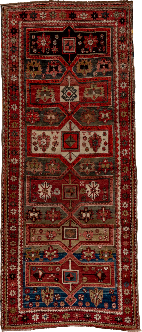 3' x 8' one-of-a-kind handmade vintage Kazak runner rug. Color palette: red, ivory, brown, blue, charcoal, rust, rose, taupe