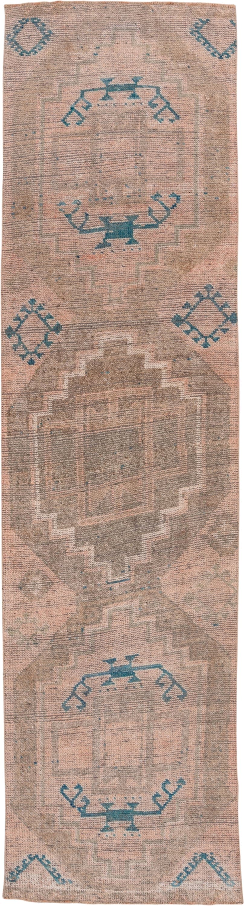 2' x 11' one-of-a-kind handmade vintage Oushak runner rug. Color palette: blush, taupe, teal, beige, ivory, camel, gray
