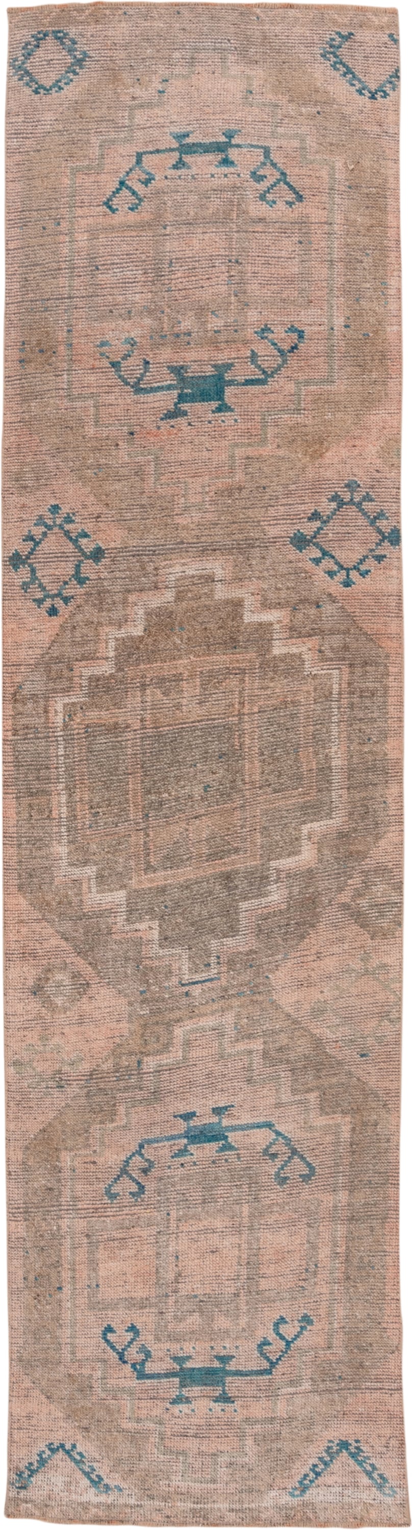2' x 11' one-of-a-kind handmade vintage Oushak runner rug. Color palette: blush, taupe, teal, beige, ivory, camel, gray