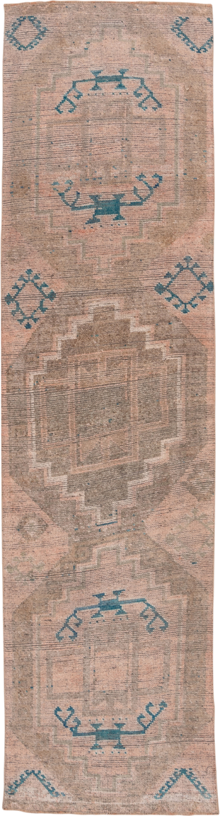 2' x 11' one-of-a-kind handmade vintage Oushak runner rug. Color palette: blush, taupe, teal, beige, ivory, camel, gray