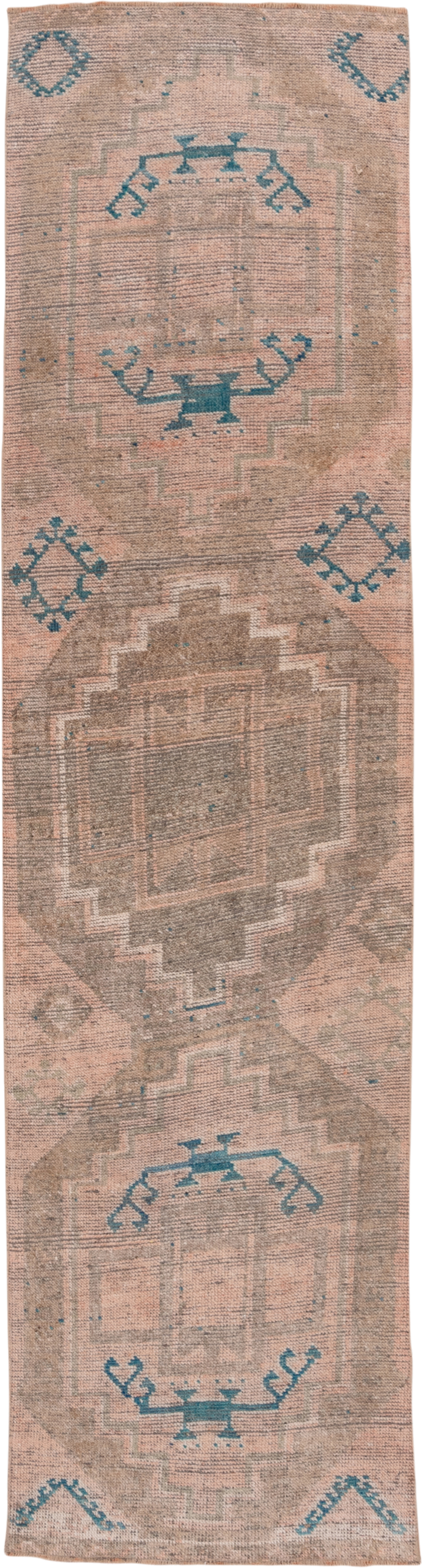 2' x 11' one-of-a-kind handmade vintage Oushak runner rug. Color palette: blush, taupe, teal, beige, ivory, camel, gray