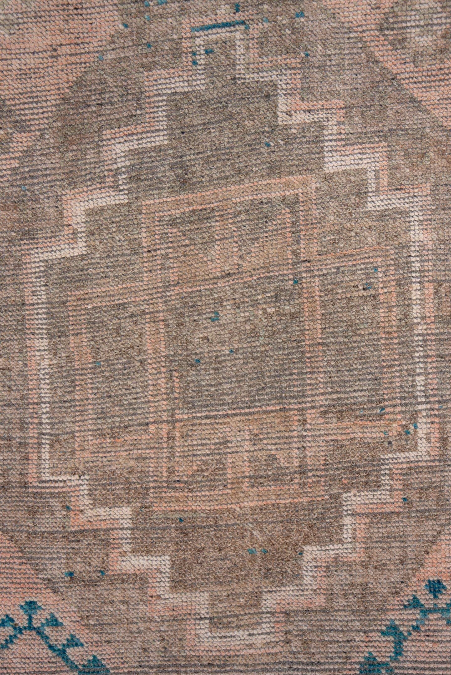 2' x 11' one-of-a-kind handmade vintage Oushak runner rug. Color palette: blush, taupe, teal, beige, ivory, camel, gray
