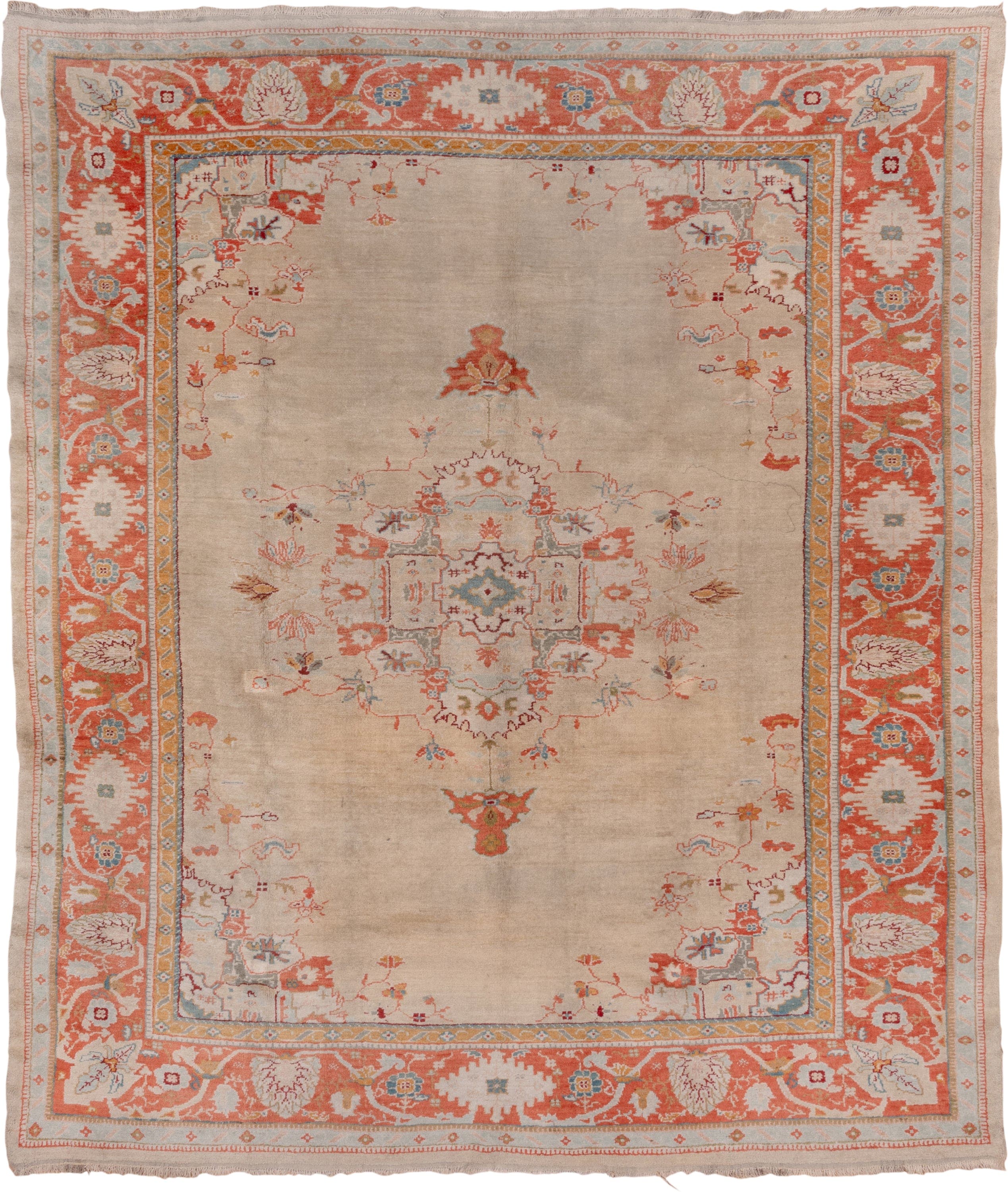 9' x 10' one-of-a-kind handmade vintage Oushak large size rug. Color palette: ivory, coral, beige, sky_blue, gold, taupe