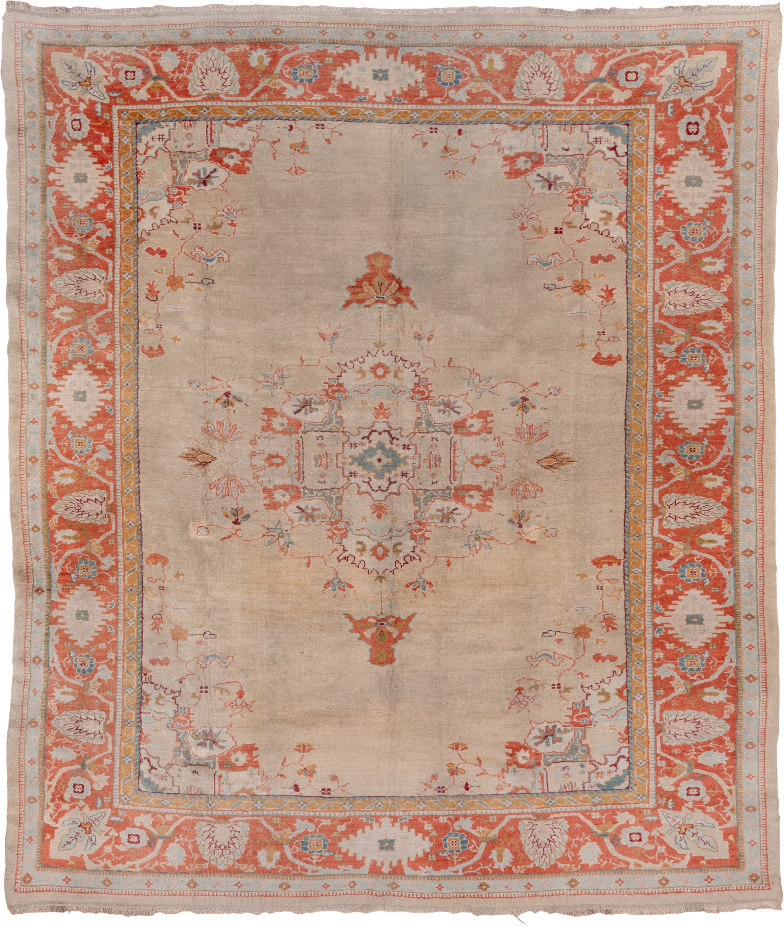 9' x 10' one-of-a-kind handmade vintage Oushak large size rug. Color palette: ivory, coral, beige, sky_blue, gold, taupe