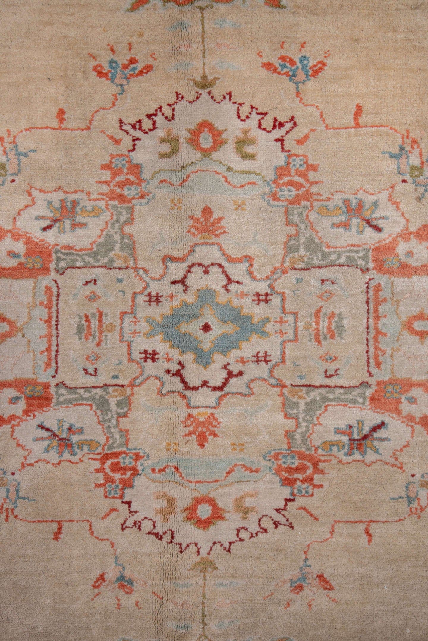 9' x 10' one-of-a-kind handmade vintage Oushak large size rug. Color palette: ivory, coral, beige, sky_blue, gold, taupe