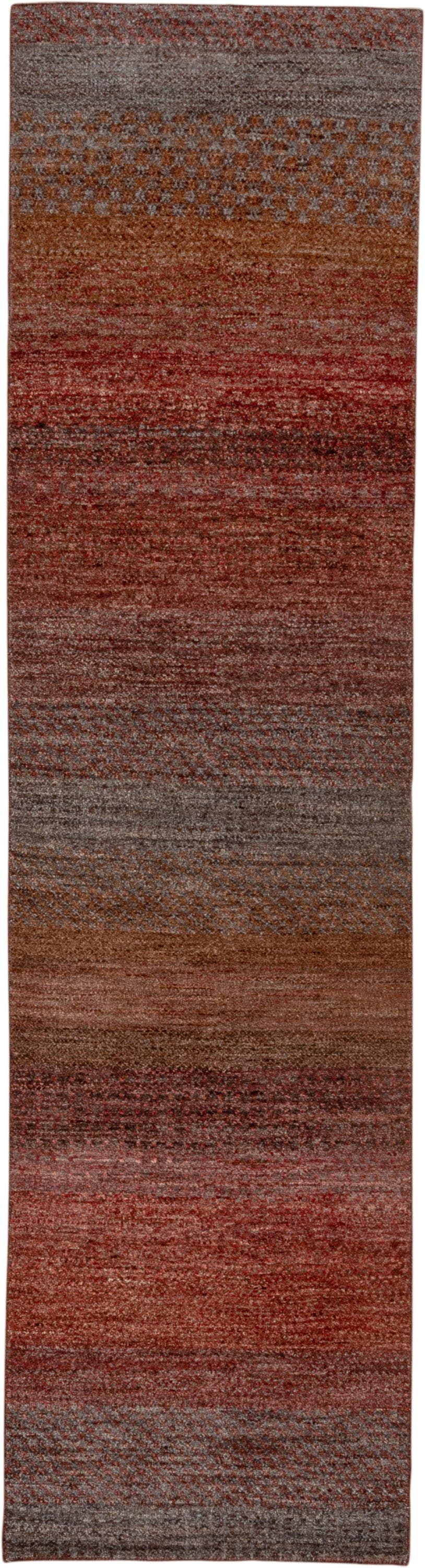 2' x 10' one-of-a-kind handmade vintage Gabbe runner rug. Color palette: rust, brown, taupe, brick, charcoal, terra cotta