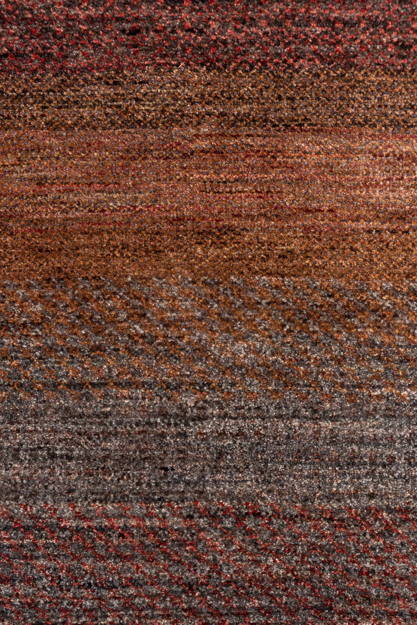 2' x 10' one-of-a-kind handmade vintage Gabbe runner rug. Color palette: rust, brown, taupe, brick, charcoal, terra cotta